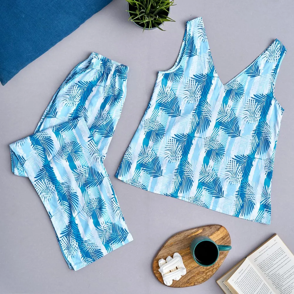 Women summer pajama set  Palm leaves top   Pants