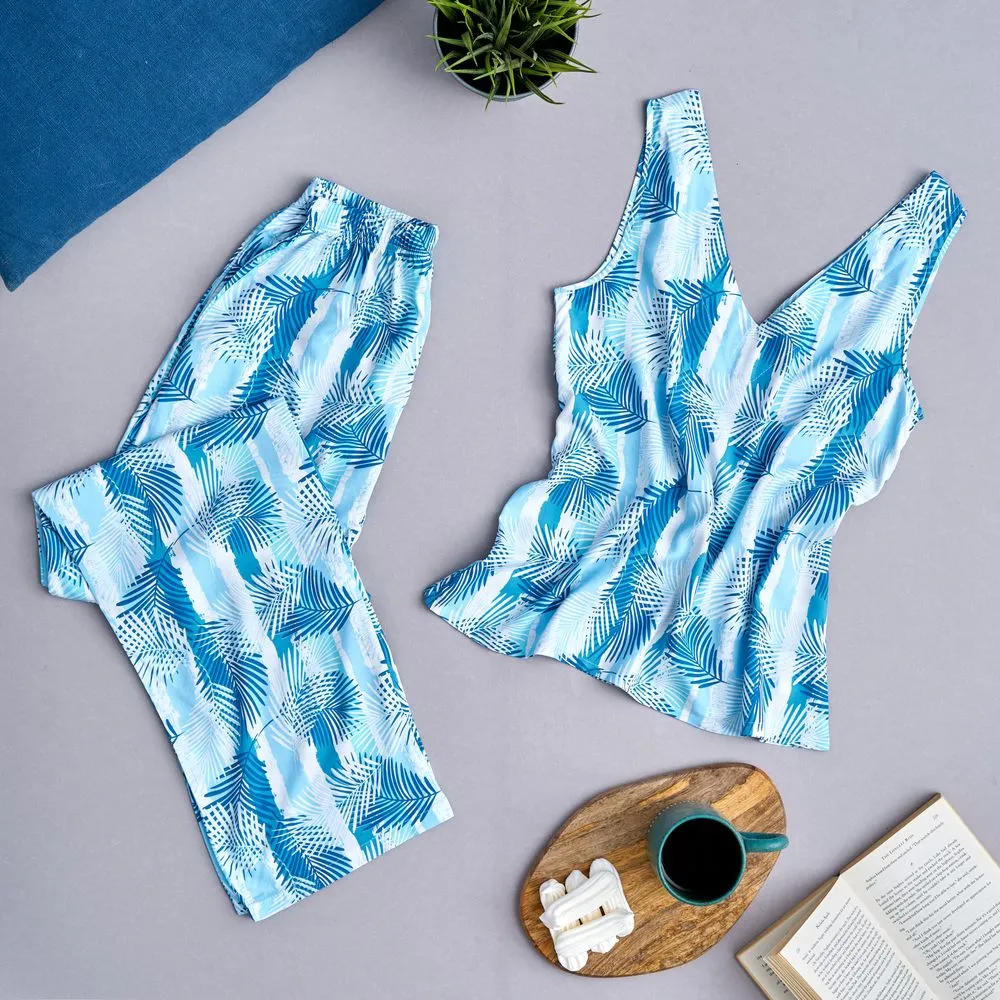 Women summer pajama set  Palm leaves top   Pants