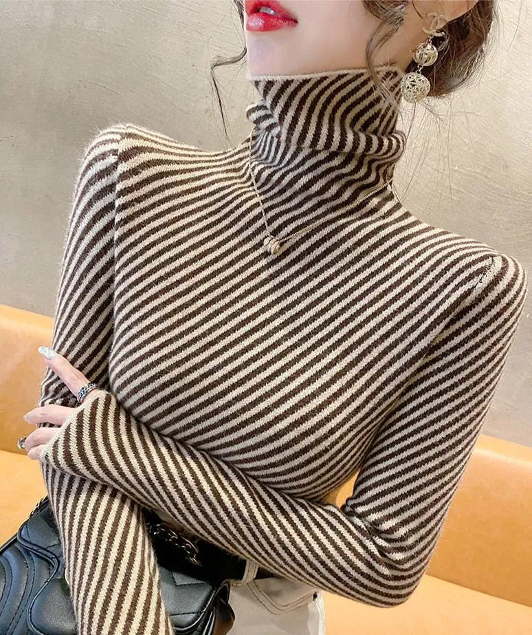 Women's Striped Cashmere Turtleneck Sweater – Slim Fit Warm Knitted Pullover for Winter