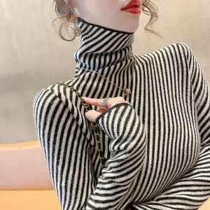 Women's Striped Cashmere Turtleneck Sweater – Slim Fit Warm Knitted Pullover for Winter