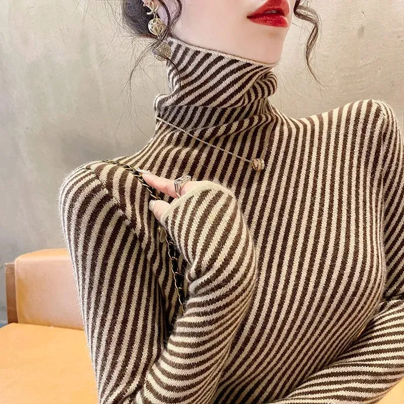 Women's Striped Cashmere Turtleneck Sweater – Slim Fit Warm Knitted Pullover for Winter