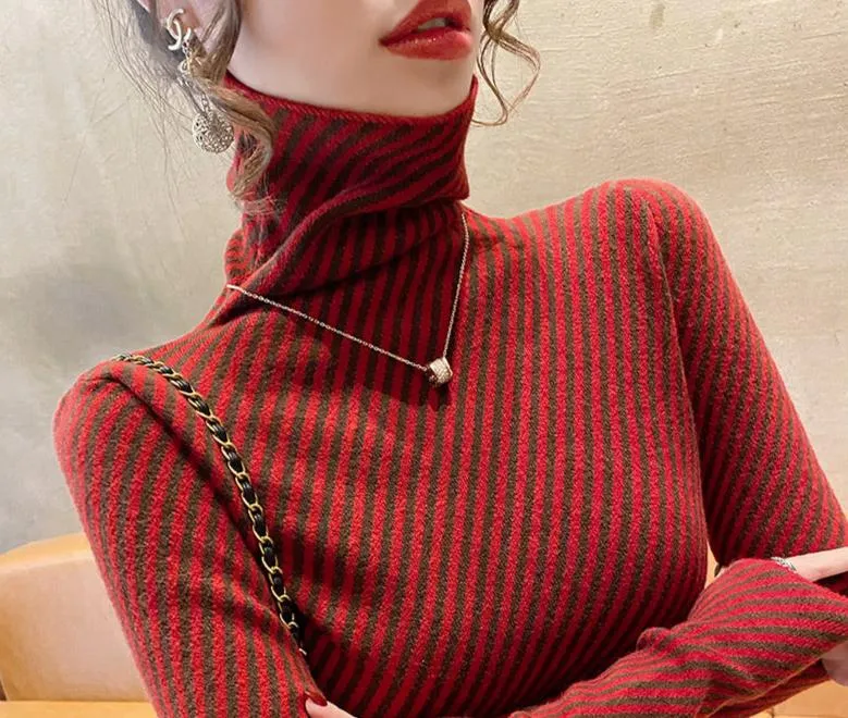 Women's Striped Cashmere Turtleneck Sweater – Slim Fit Warm Knitted Pullover for Winter