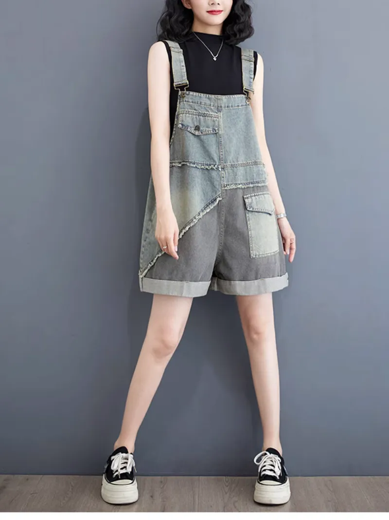 Women's Trendy Casual Contrasting Color Short Overalls Dungarees